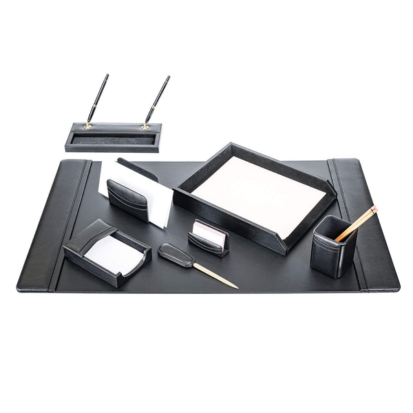 dacasso Classic Black Leather 8-Piece Desk Set Gold Accent