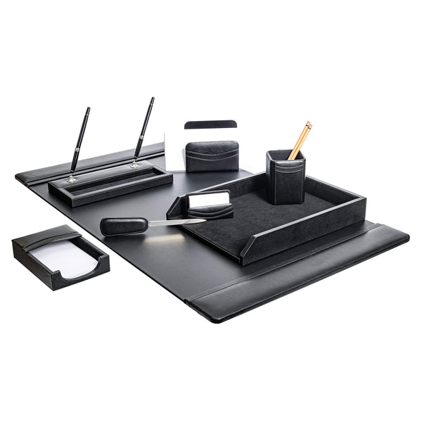 Dacasso Classic Black Leather 8-Piece Desk Set Silver Accent