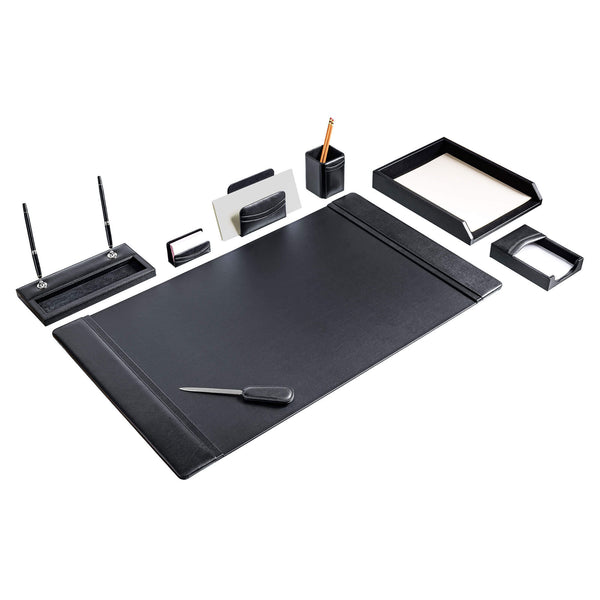 Dacasso Classic Black Leather 8-Piece Desk Set Silver Accent