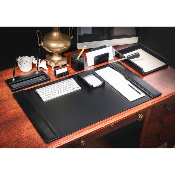 Dacasso Classic Black Leather 8-Piece Desk Set Silver Accent