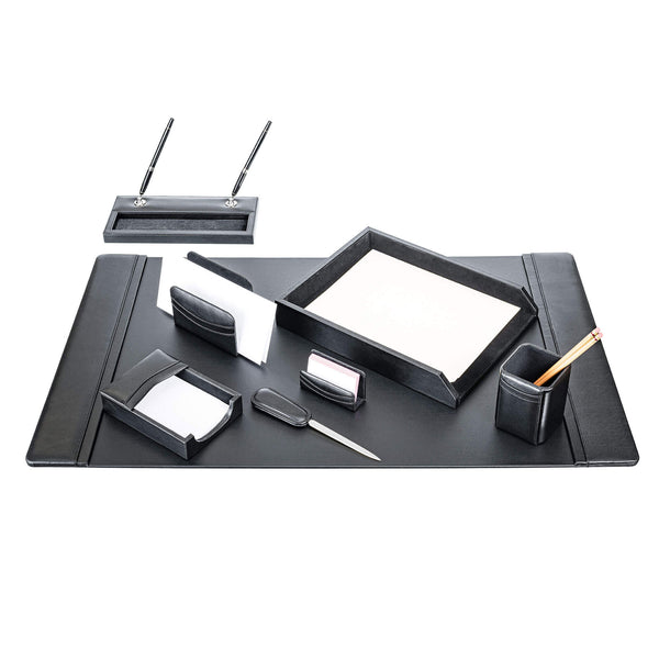 dacasso Classic Black Leather 8-Piece Desk Set Silver Accent