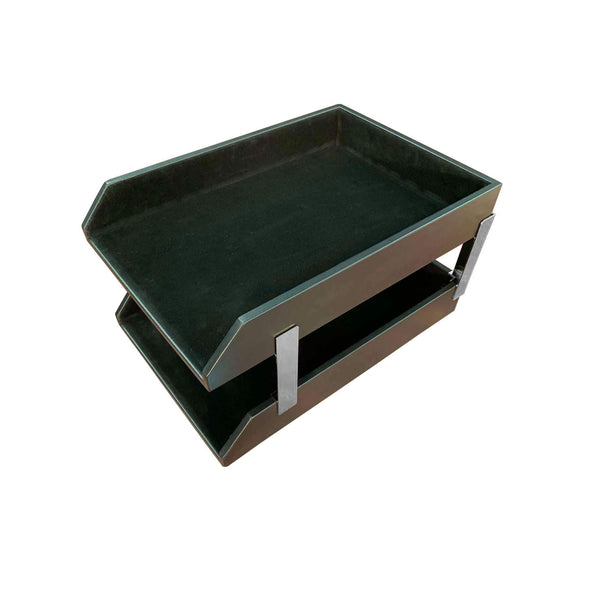 Dacasso Classic Black Leather Double Legal Trays With Silver Posts