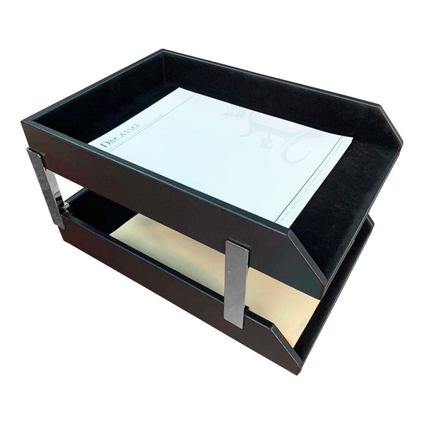 dacasso Classic Black Leather Double Legal Trays with Silver Posts