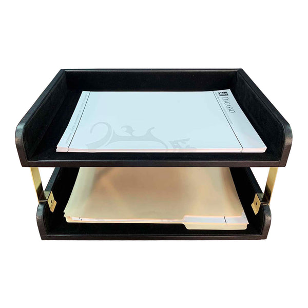 Dacasso Classic Black Leather Double Side-Load Letter Trays With Gold Posts
