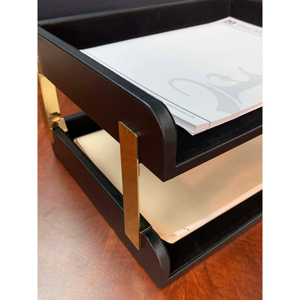 Dacasso Classic Black Leather Double Side-Load Letter Trays With Gold Posts