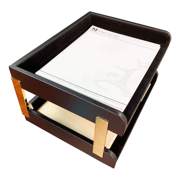 dacasso Classic Black Leather Double Side-Load Letter Trays with Gold Posts