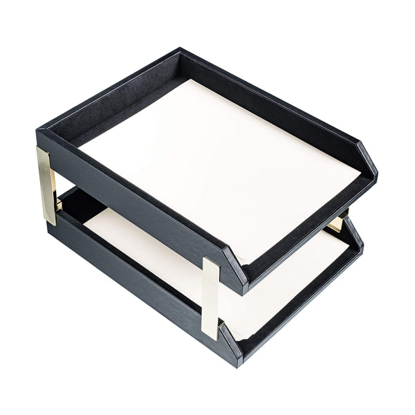 Dacasso Classic Black Leather Front-Load Double Letter Trays With Gold Stacking Posts