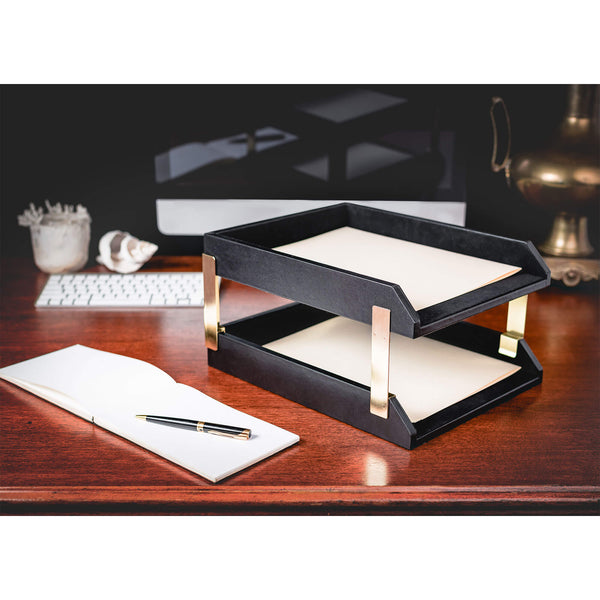 Dacasso Classic Black Leather Front-Load Double Letter Trays With Gold Stacking Posts