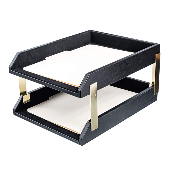 dacasso Classic Black Leather Front-Load Double Letter Trays with Gold Stacking Posts