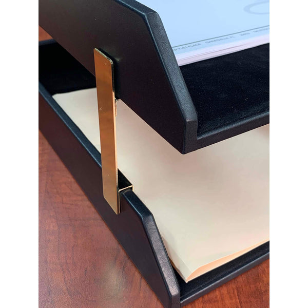 Dacasso Classic Black Leather Letter Trays Legal Stacking Set Gold