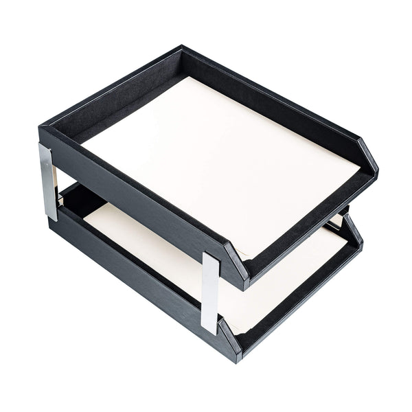 Dacasso Classic Black Leather Letter Trays Stacking Set Silver