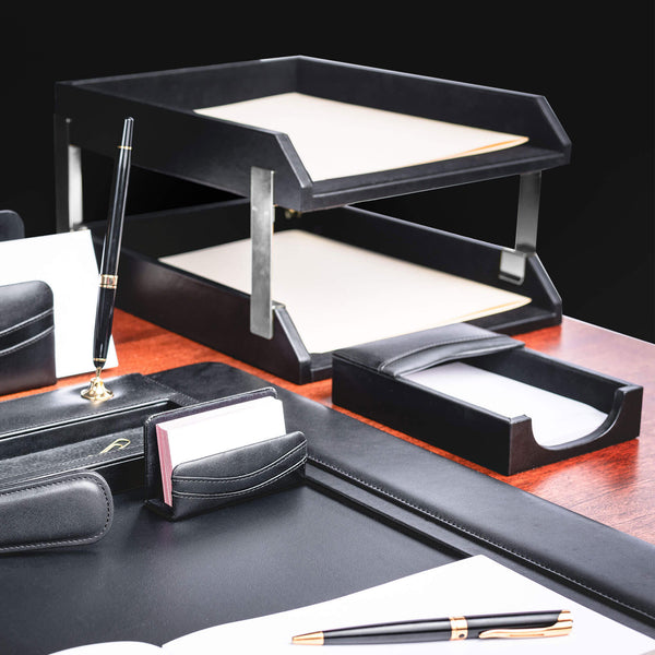 Dacasso Classic Black Leather Letter Trays Stacking Set Silver