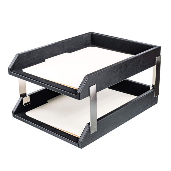 dacasso Classic Black Leather Letter Trays Stacking Set Silver