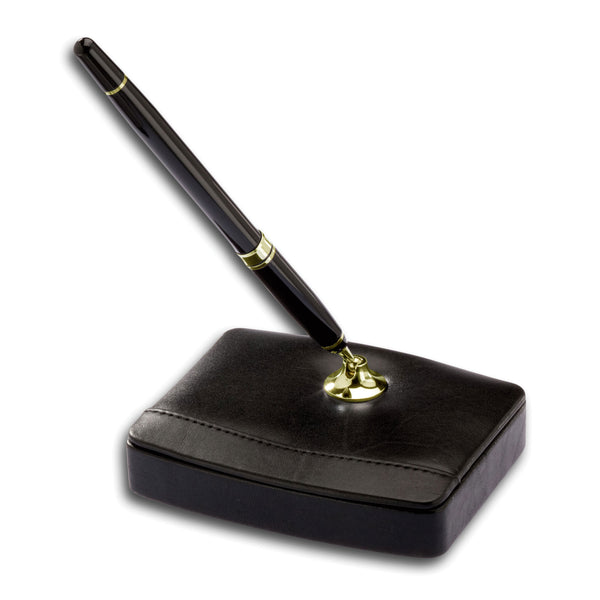 dacasso Classic Black Leather Single Pen Stand with Gold Accents