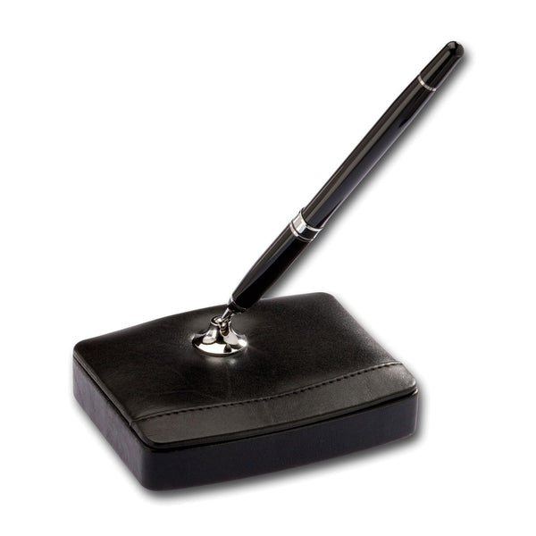 dacasso Classic Black Leather Single Pen Stand with Silver Accents