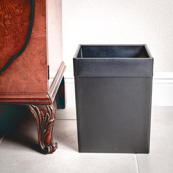 Dacasso Classic Black Leather Square Waste Basket 14 Qt