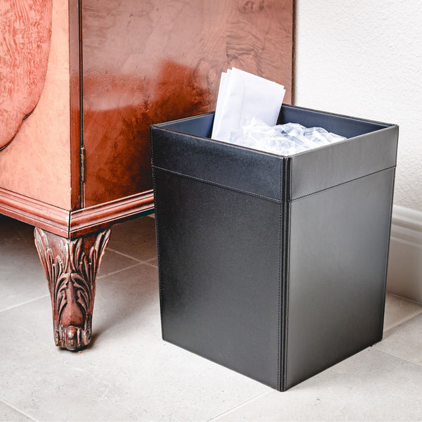Dacasso Classic Black Leather Square Waste Basket 14 Qt