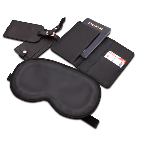 dacasso Black Leather 4-Piece Travel Accessory Set