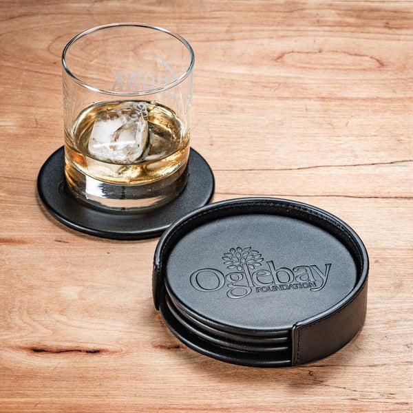 Dacasso Black Leather 4 Round Coaster Set W/ Holder