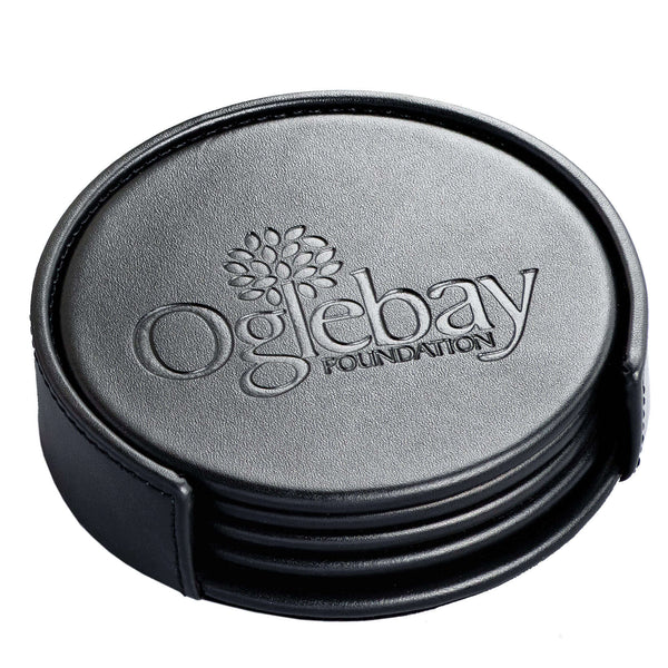 Dacasso Black Leather 4 Round Coaster Set W/ Holder