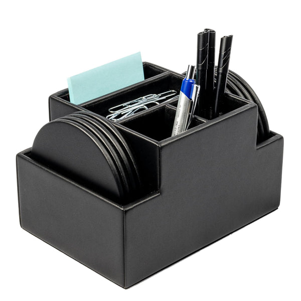 Dacasso Black Leather 8 Round Coaster Set W/ Holder