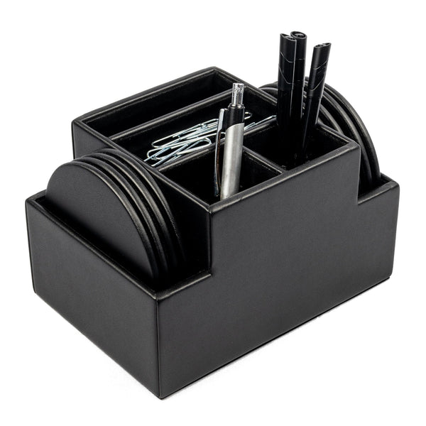 Dacasso Black Leather 8 Round Coaster Set W/ Holder