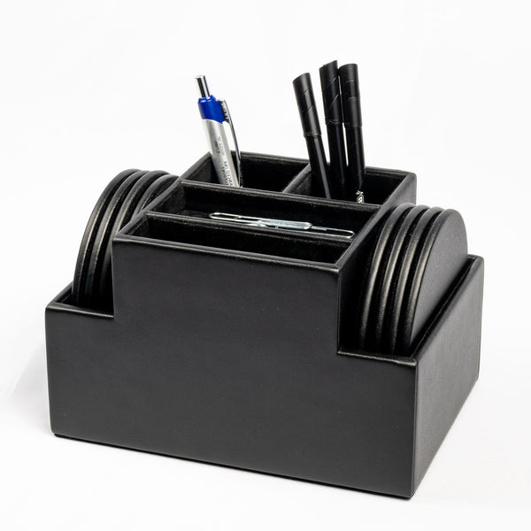 Dacasso Black Leather 8 Round Coaster Set W/ Holder