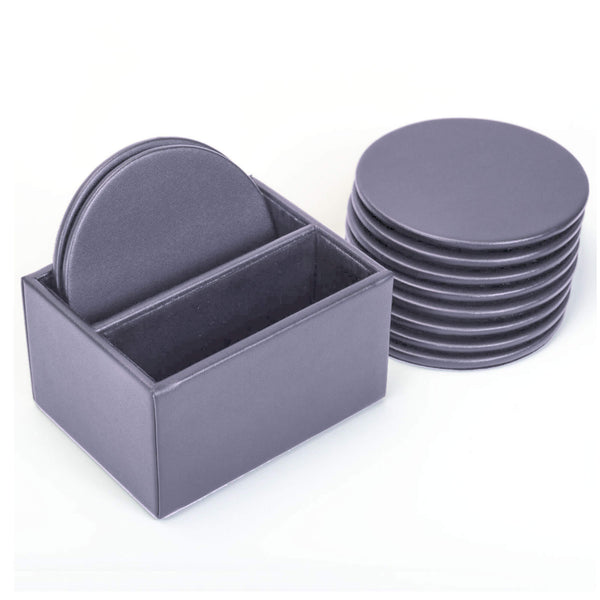 dacasso Gray Leather 10 Round Coaster Set w/ Holder