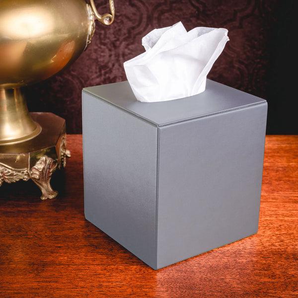 Dacasso Gray Leather Square Tissue Box Cover
