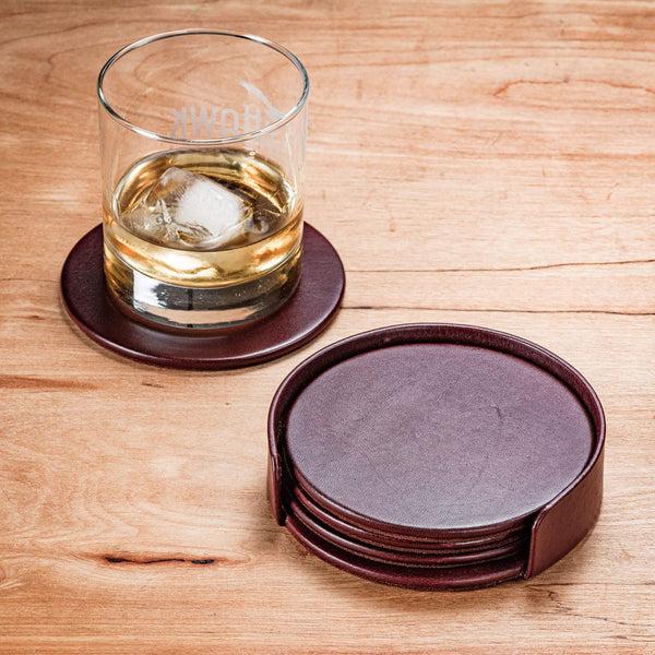 Dacasso Mocha Leather 4 Round Coaster Set W/ Holder