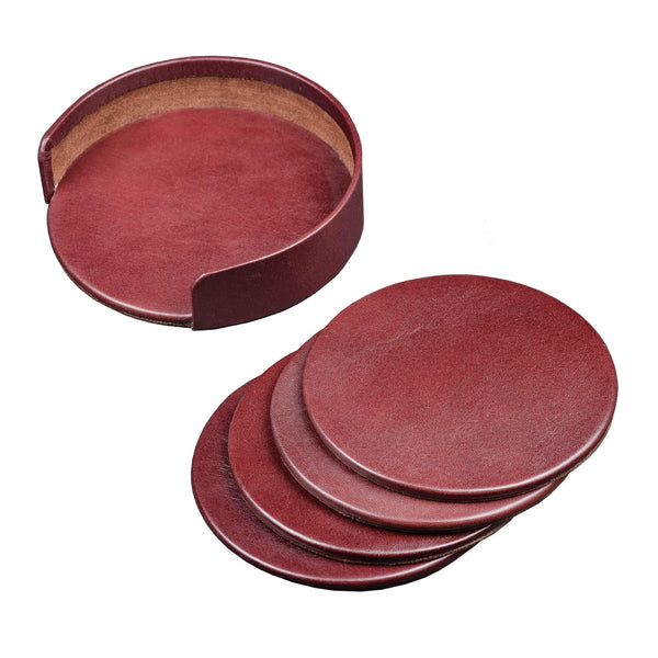 dacasso Mocha Leather 4 Round Coaster Set w/ Holder