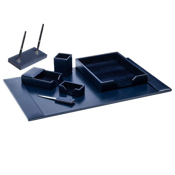 Dacasso Navy Blue Bonded Leather 7-Piece Desk Set