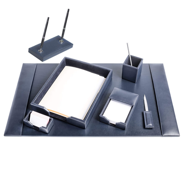 Dacasso Navy Blue Bonded Leather 7-Piece Desk Set