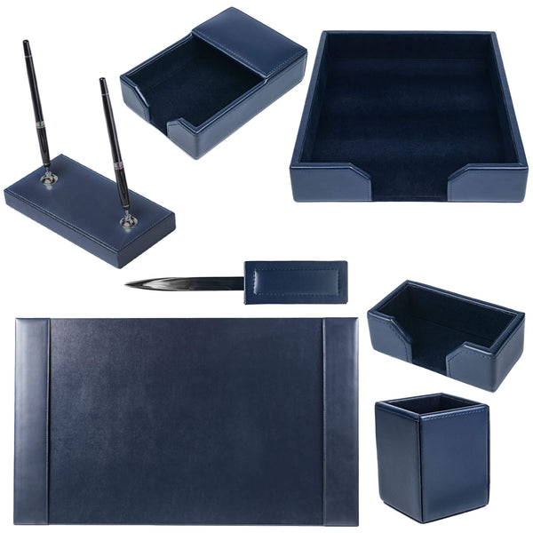 Dacasso Navy Blue Bonded Leather 7-Piece Desk Set