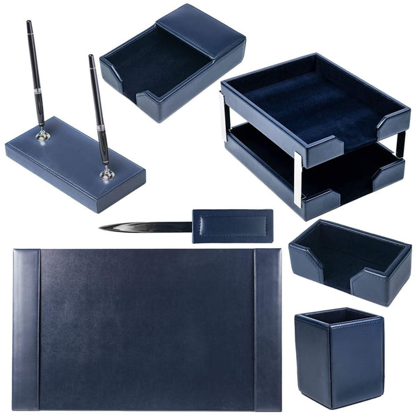 Dacasso Navy Blue Bonded Leather 9-Piece Desk Set