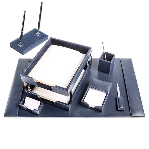 Dacasso Navy Blue Bonded Leather 9-Piece Desk Set