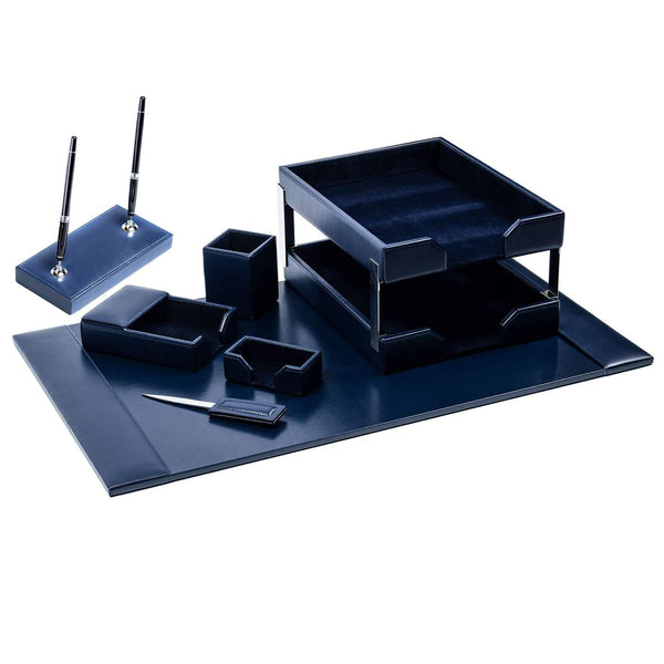 Dacasso Navy Blue Bonded Leather 9-Piece Desk Set