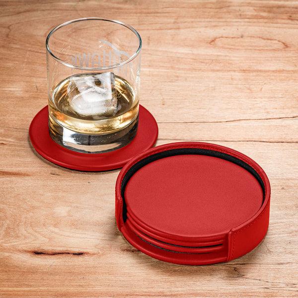 Dacasso Red Leather 4 Round Coaster Set W/ Holder
