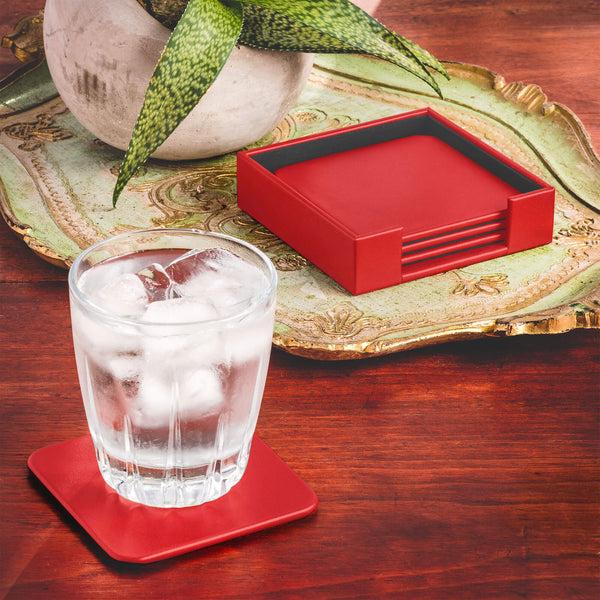 Dacasso Red Leather 4 Square Coaster Set W/ Holder
