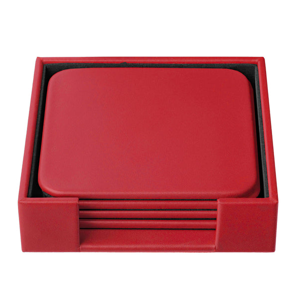 dacasso Red Leather 4 Square Coaster Set w/ Holder