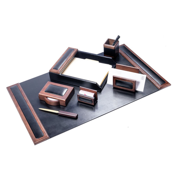 Dacasso Walnut & Black Leather 7-Piece Desk Set