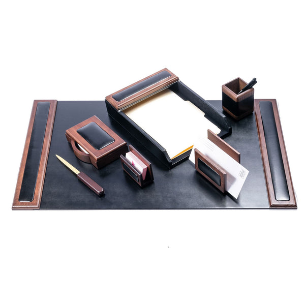 dacasso Walnut & Black Leather 7-Piece Desk Set