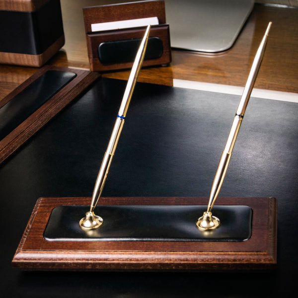 Dacasso Walnut & Black Leather Double Pen Stand