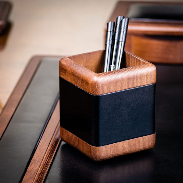 Dacasso Walnut & Black Leather Pencil Cup