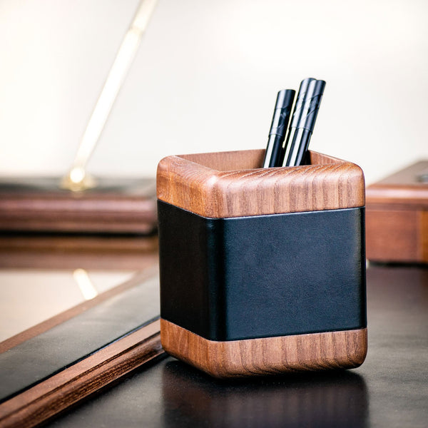 Dacasso Walnut & Black Leather Pencil Cup