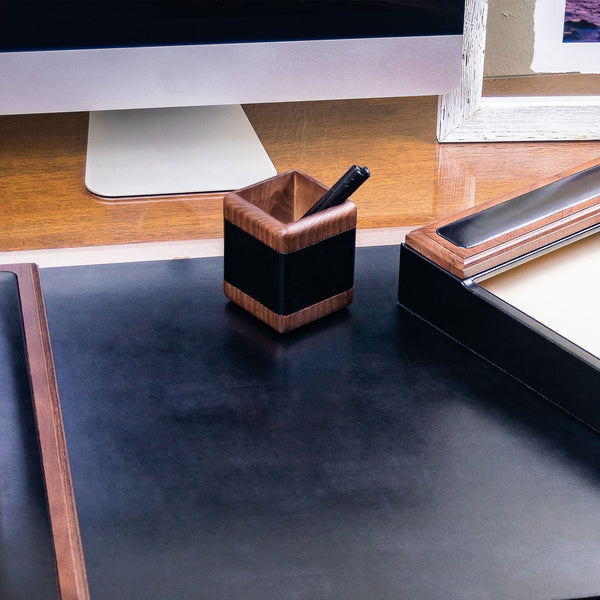 Dacasso Walnut & Black Leather Pencil Cup