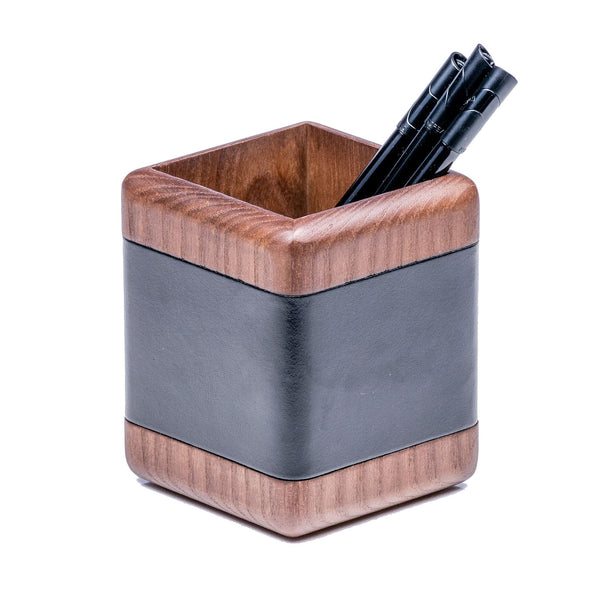 dacasso Walnut & Black Leather Pencil Cup
