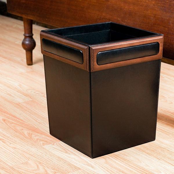 Dacasso Walnut & Black Leather Waste Basket 14 Qt