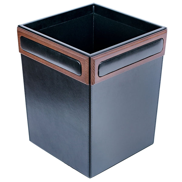 Dacasso Walnut & Black Leather Waste Basket 14 Qt