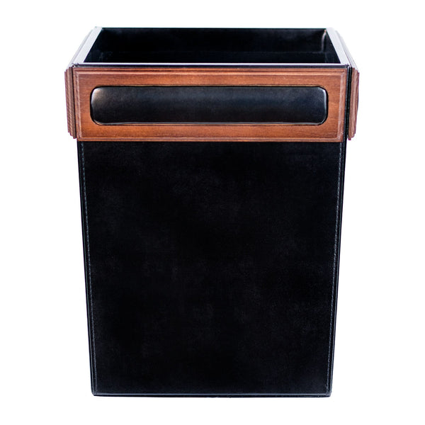 dacasso Walnut & Black Leather Waste Basket 14 Qt
